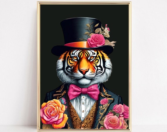 Tiger Fashion Art Print Tiger Portrait Wall Art Tiger Painting Maximalist Art Regal Tiger Gothic Poster Renaissance Animals Art