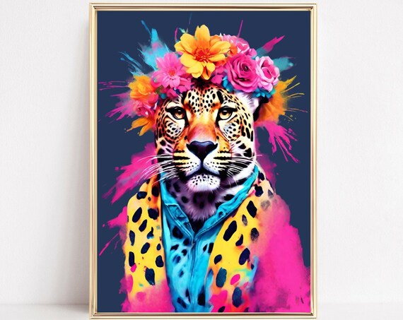 Leopard Flower Crown Fashion Art Navy Paint Splash Feline Print