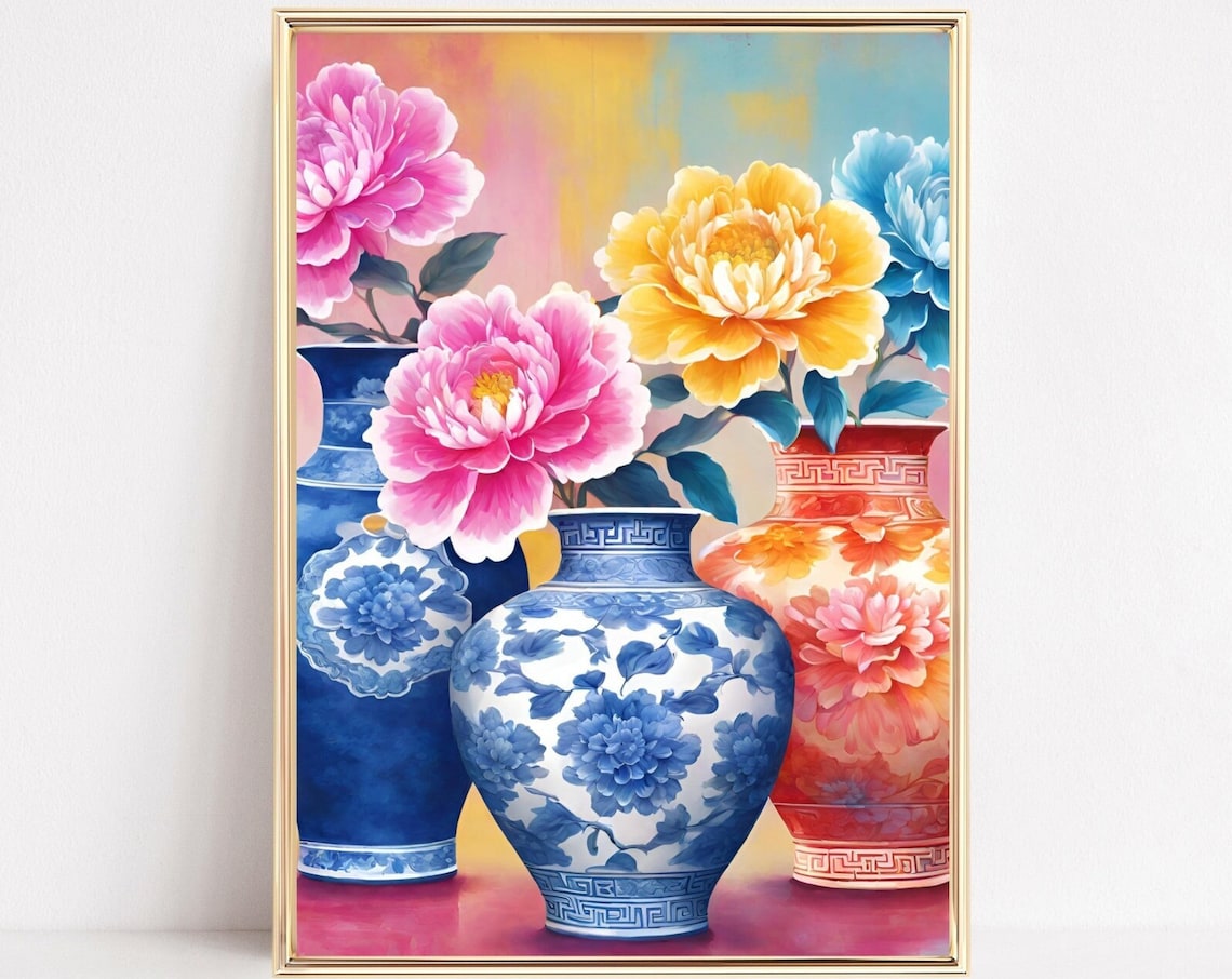 Chinoiserie Vase Trio Peony Art Blue White Porcelain Floral Print