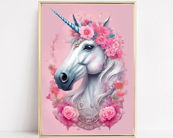 White Unicorn Pink Flower Crown Magical Fantasy Portrait Poster