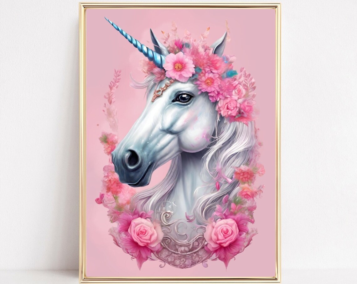White Unicorn Pink Flower Crown Magical Fantasy Portrait Poster