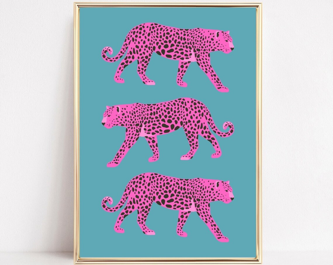 Pink Leopards Art Print, Preppy Tropical Jungle Decor
