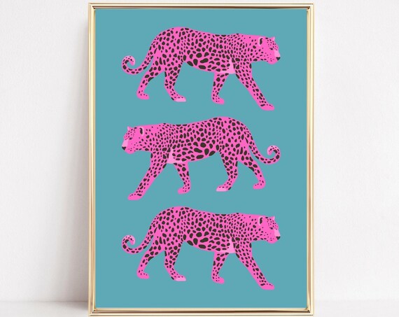 Pink Leopards Art Print, Preppy Tropical Jungle Decor