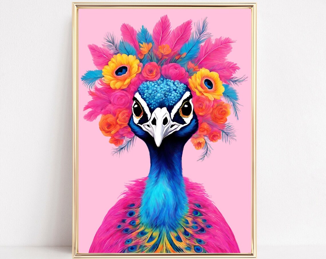 Funky Peacock Portrait Art Print, Hipster Animal