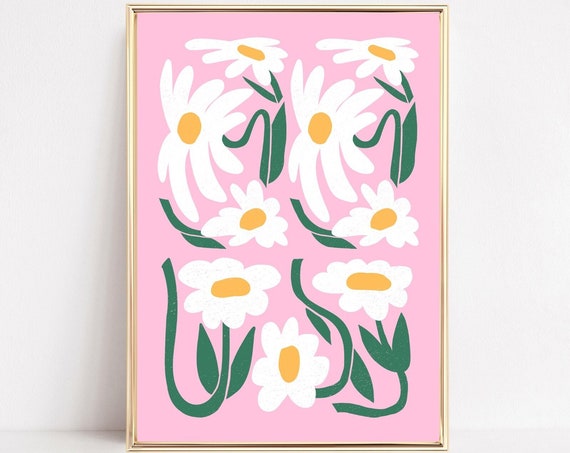 Pink Abstract Flowers Art Print, Retro Floral Decor