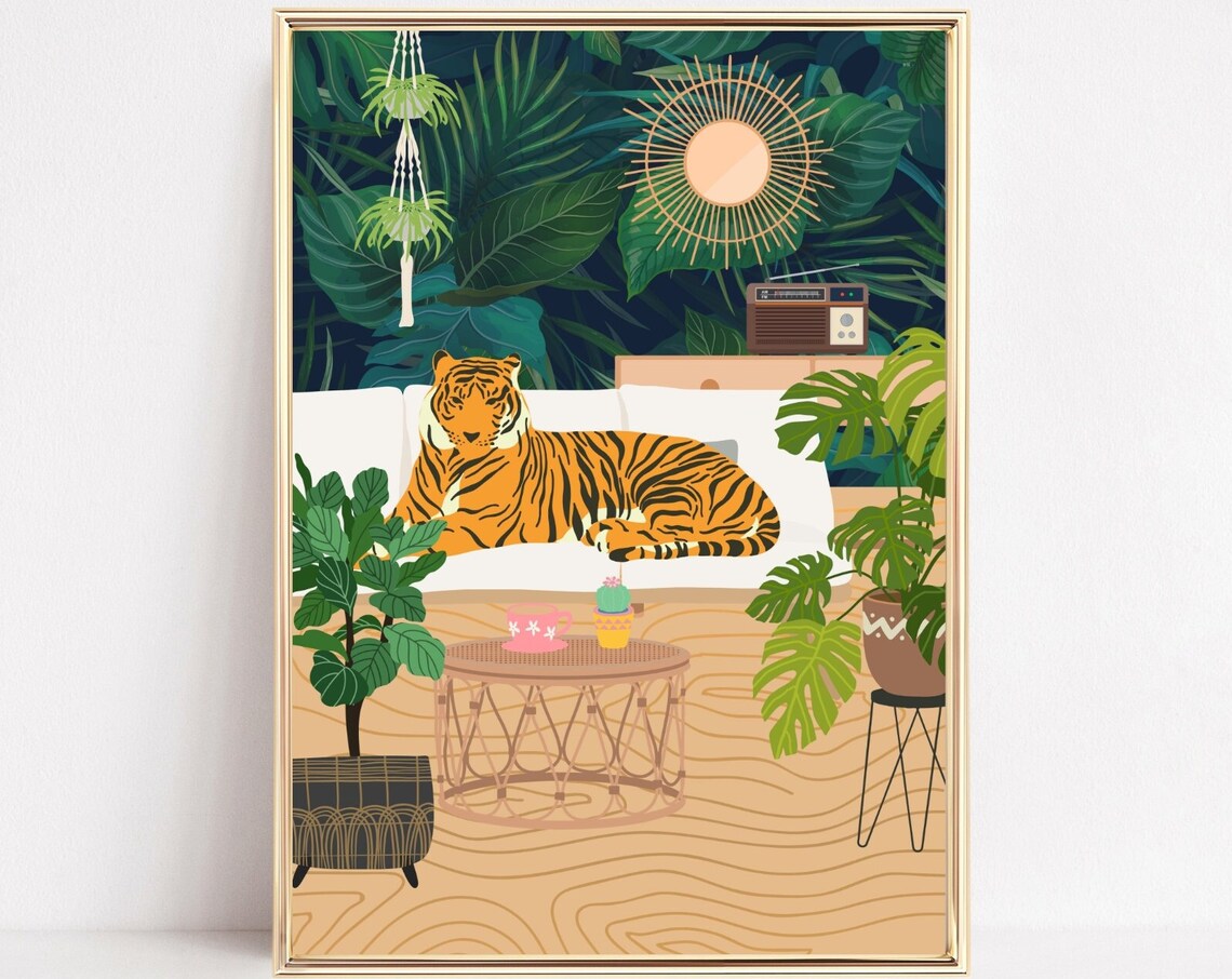 Boho Jungle Tiger Art Print, Maximalist Botanical