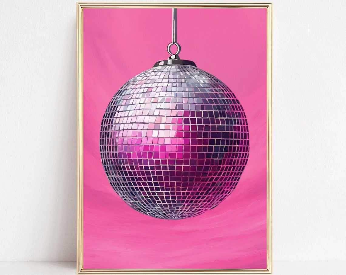 Hanging Disco Ball Art Pink Retro Sparkle Mirror Ball Wall Print