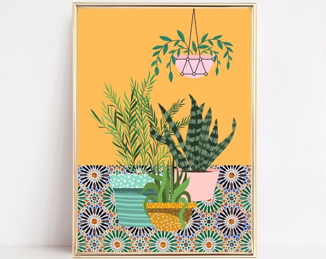 Tropical House Plants Art Print, Botanical Retro Style