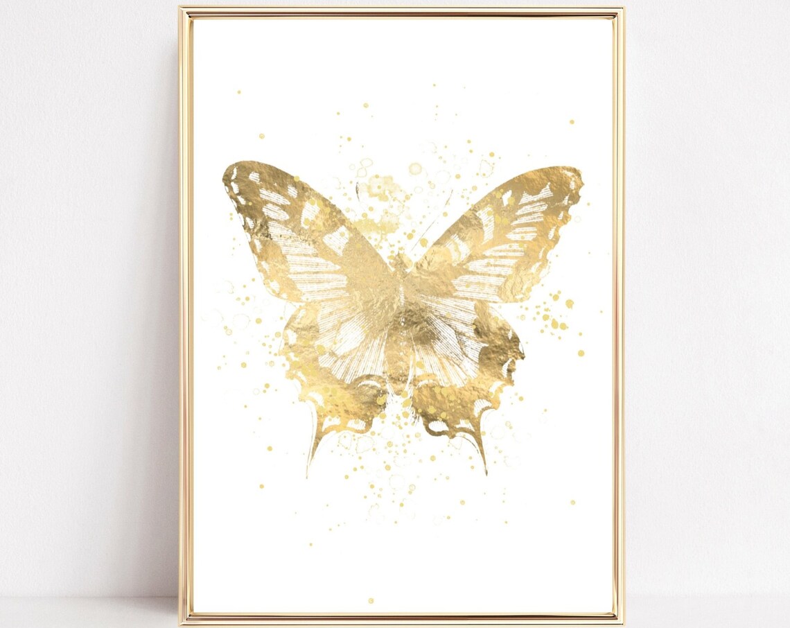 Gold Butterfly Watercolor Splatter Elegant Golden Insect Art Poster