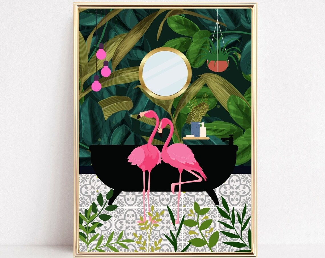 Pink Flamingos Tropical Bathroom Botanical Art Print