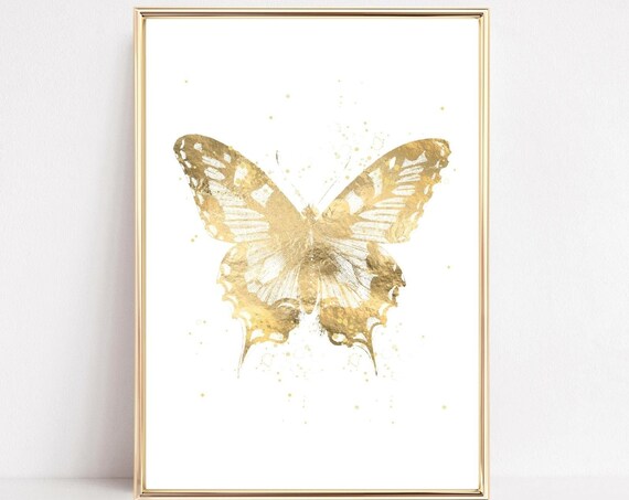 Gold Butterfly Print, Boho Vintage Retro Art Print