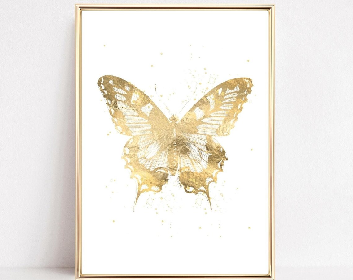 Gold Butterfly Print, Boho Vintage Retro Art Print