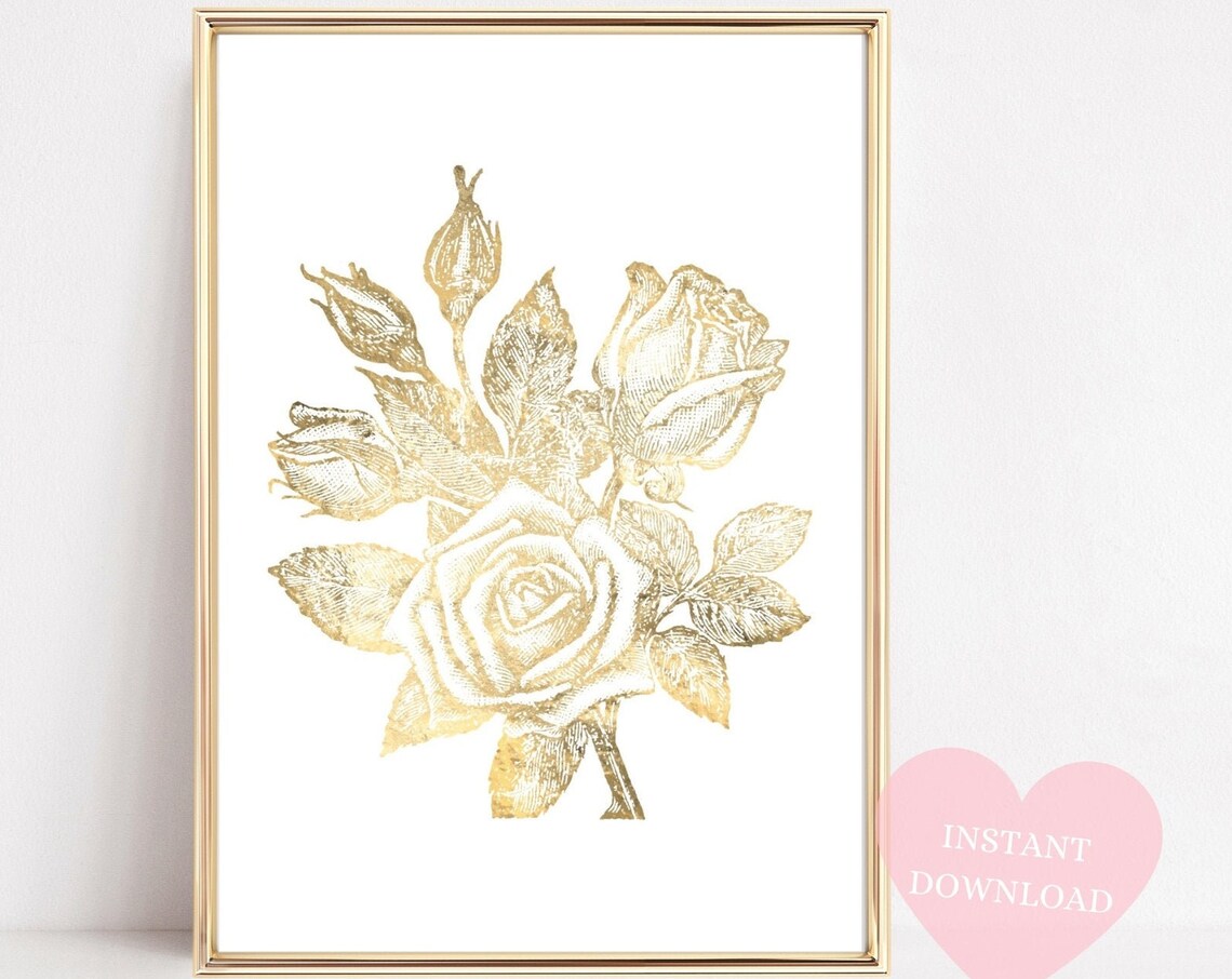 Rose Flower Botanical Gold Wall Decor Art Print