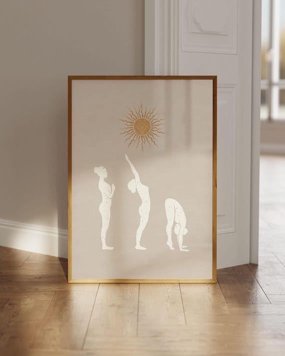Sun Salutation Yoga Poster Print Surya Namaskar Mural Wall Art Beige Gold