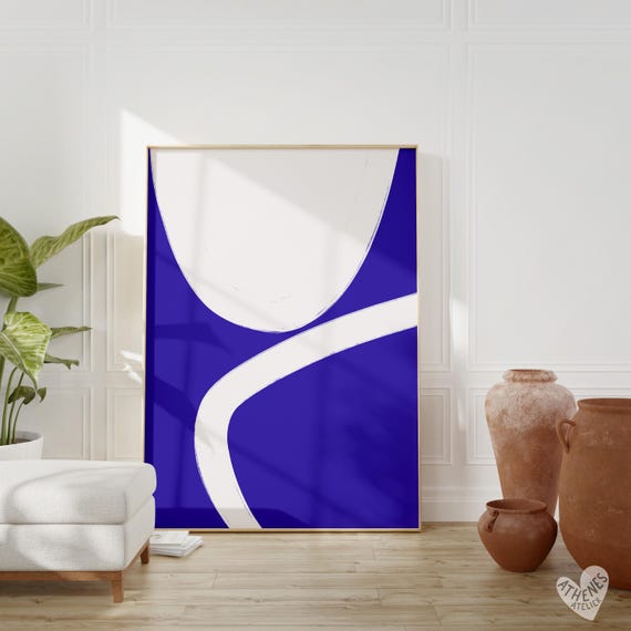 Abstract Print Navy Blue And White Shapes Minimalist Art Peaceful For Bedroom Above Bed Living Room Hand Drawn Line