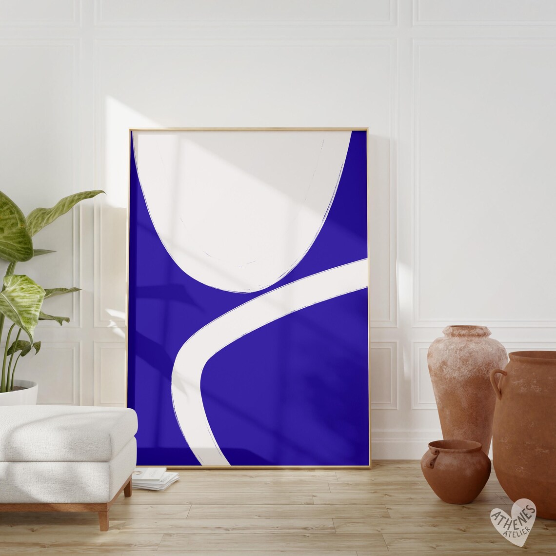 Crisp White Curves Across Deep Navy Blue Calming Minimalist Art Poster
