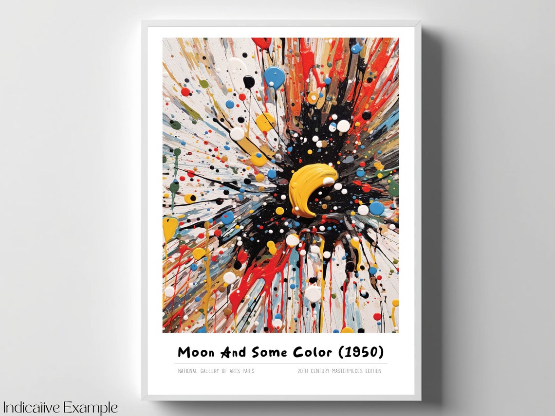 Moon And Some Color 1950 Yellow Crescent Splatter Art Poster - Image 4