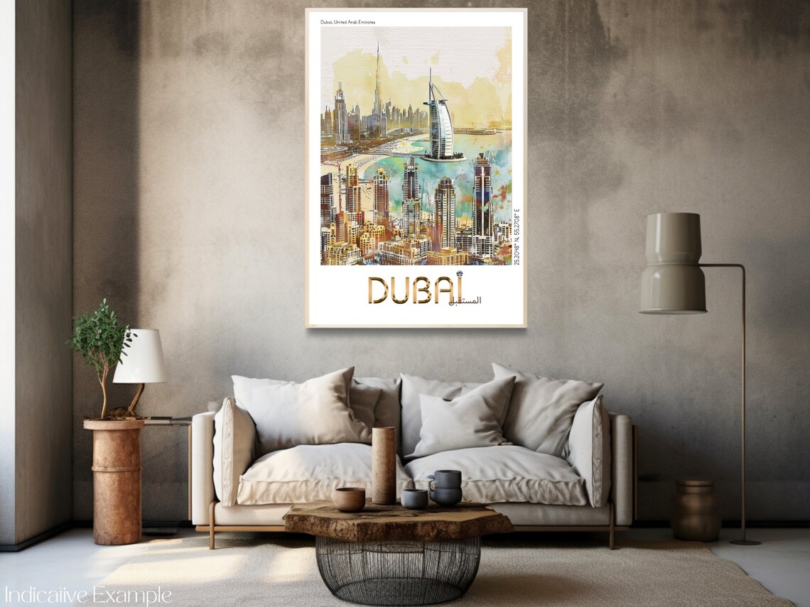 Dubai Skyline Watercolor Burj Khalifa Gold Lettering Travel Poster - Image 3