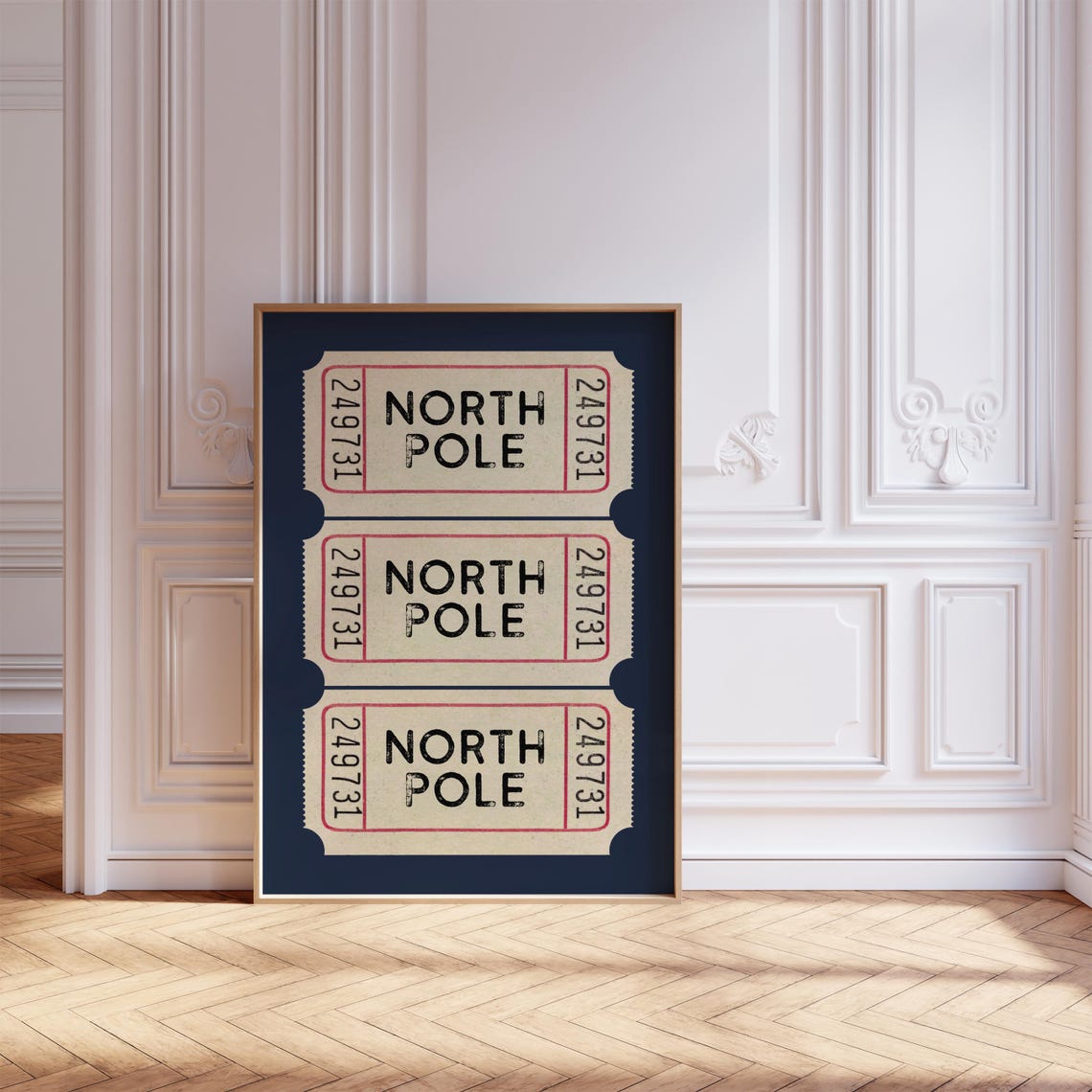 North Pole Retro Ticket Stubs on Navy Blue Christmas Wall Art - Image 3