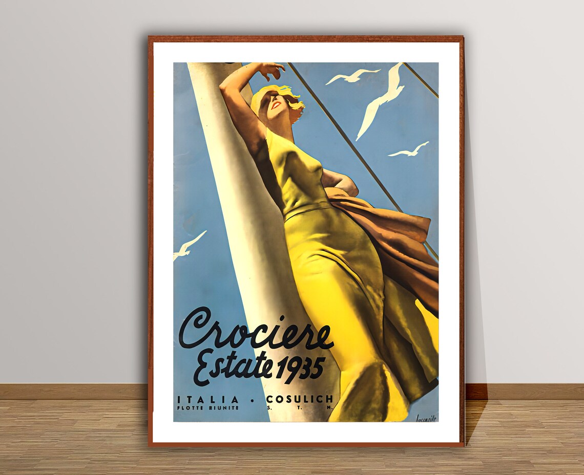 Cosulich Crociere Estate 1935 Yellow Dress Ship Mast Vintage Poster