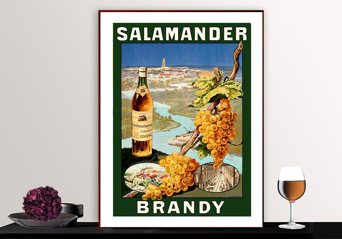 Salamander Brandy Vineyard Bottle Vintage Cognac Bar Ad Poster