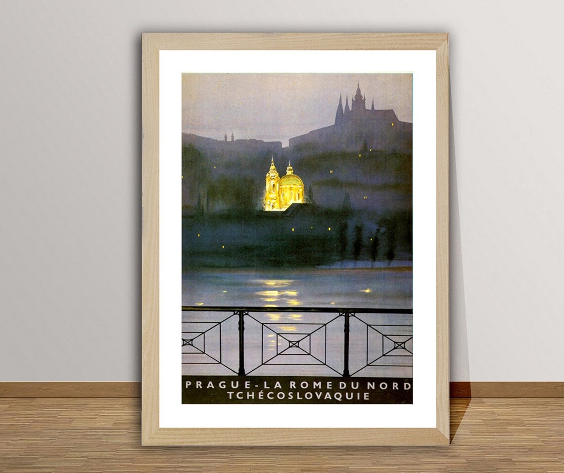 Prague La Rome du Nord Night Bridge Vintage Czechoslovak Travel Poster