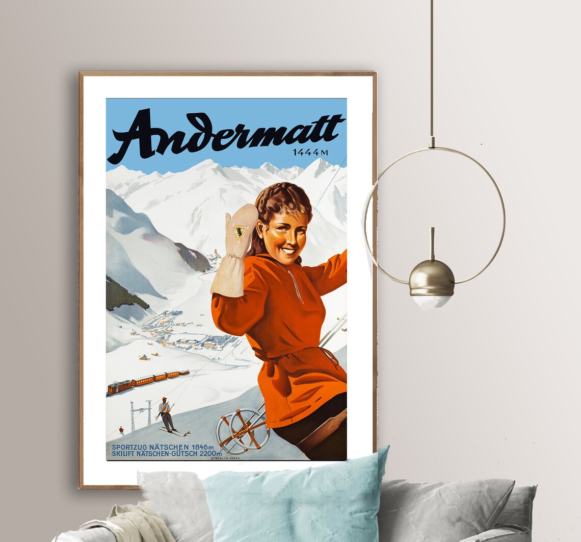 Andermatt Switzerland Vintage Ski Travel Poster
