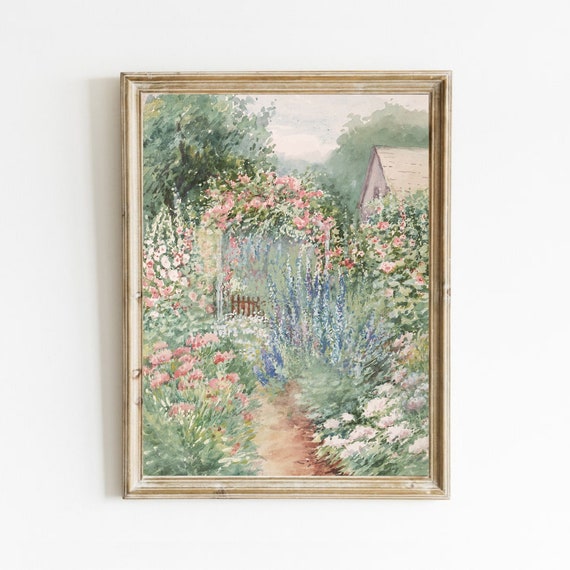 Flower Garden Vintage Country Landscape Art Print