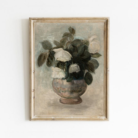 Still Life Roses, Vintage Neutral Floral Art Print