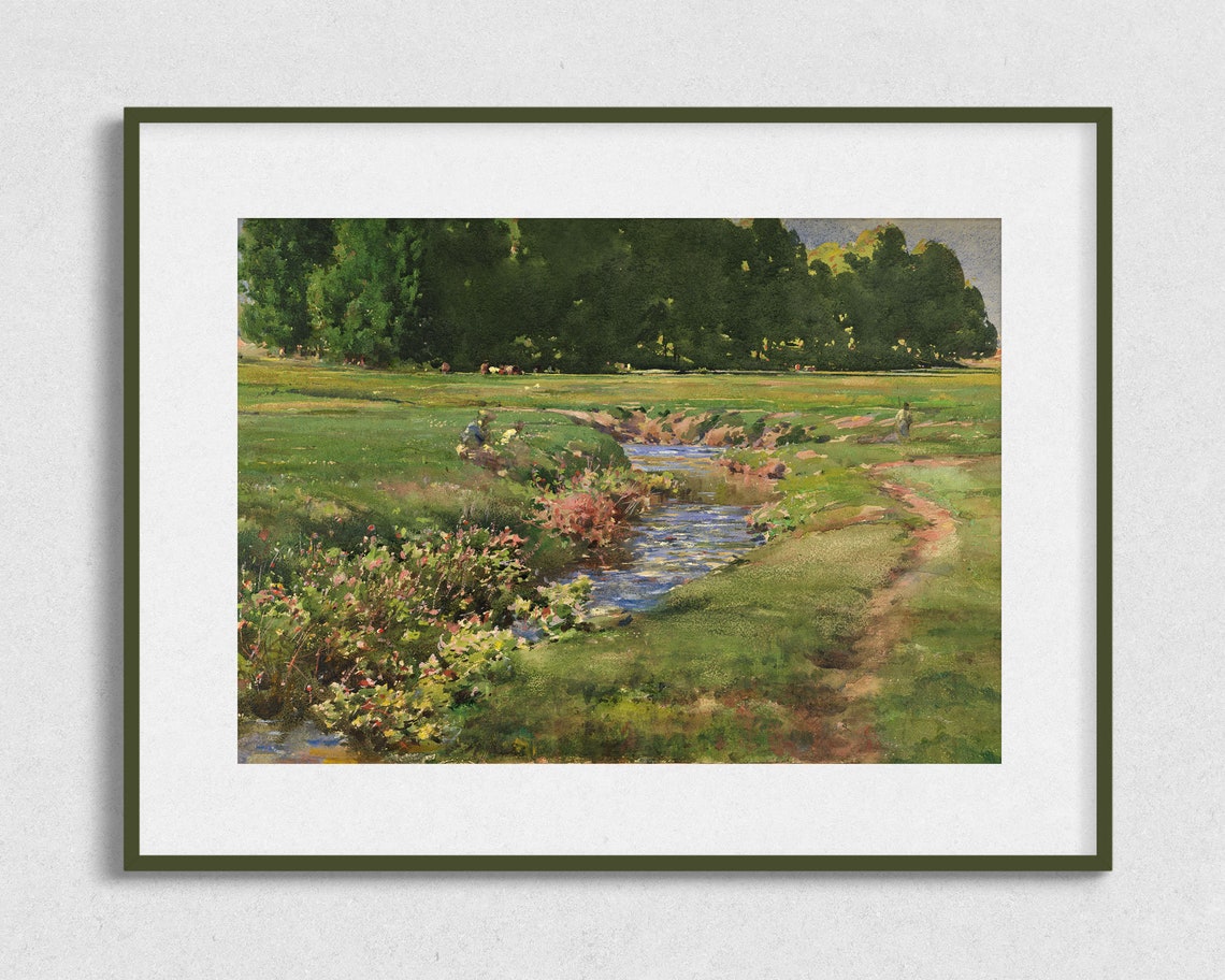 Beside The Stream Vintage Field Landscape Wall Art Antique Oil Painting Print - Image 2