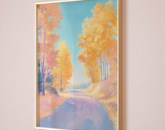 Sunlit Autumn Road Lined with Golden Trees Under Blue Sky Poster