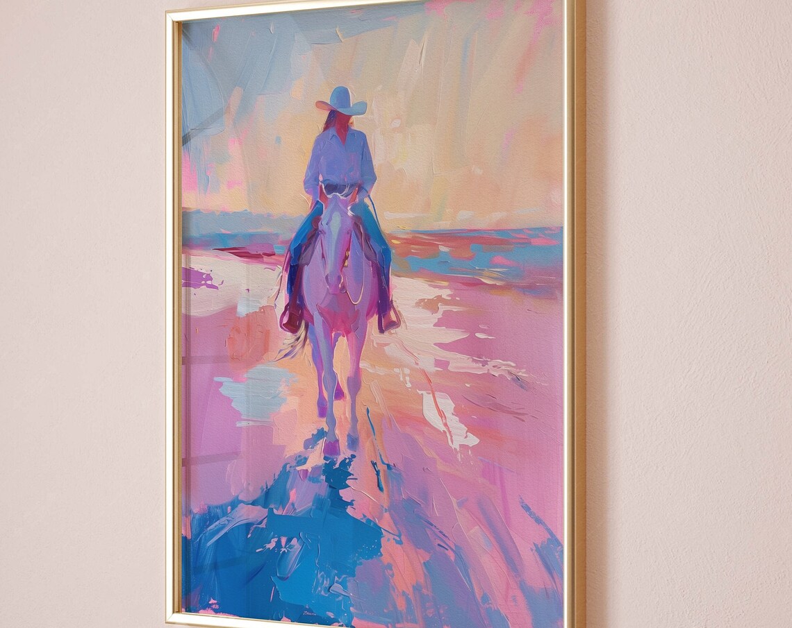 Pastel Cowgirl Riding Toward the Ocean at Sunset Painting Poster - Image 5