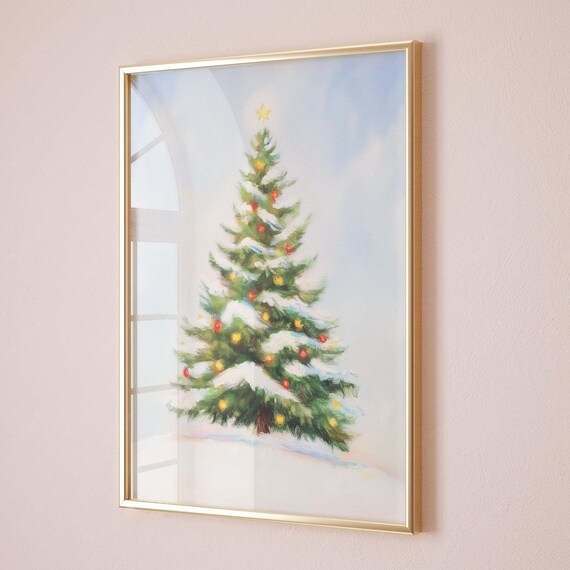 Vintage Christmas Tree Drawing Snowy Branches Red Gold Ornament Poster