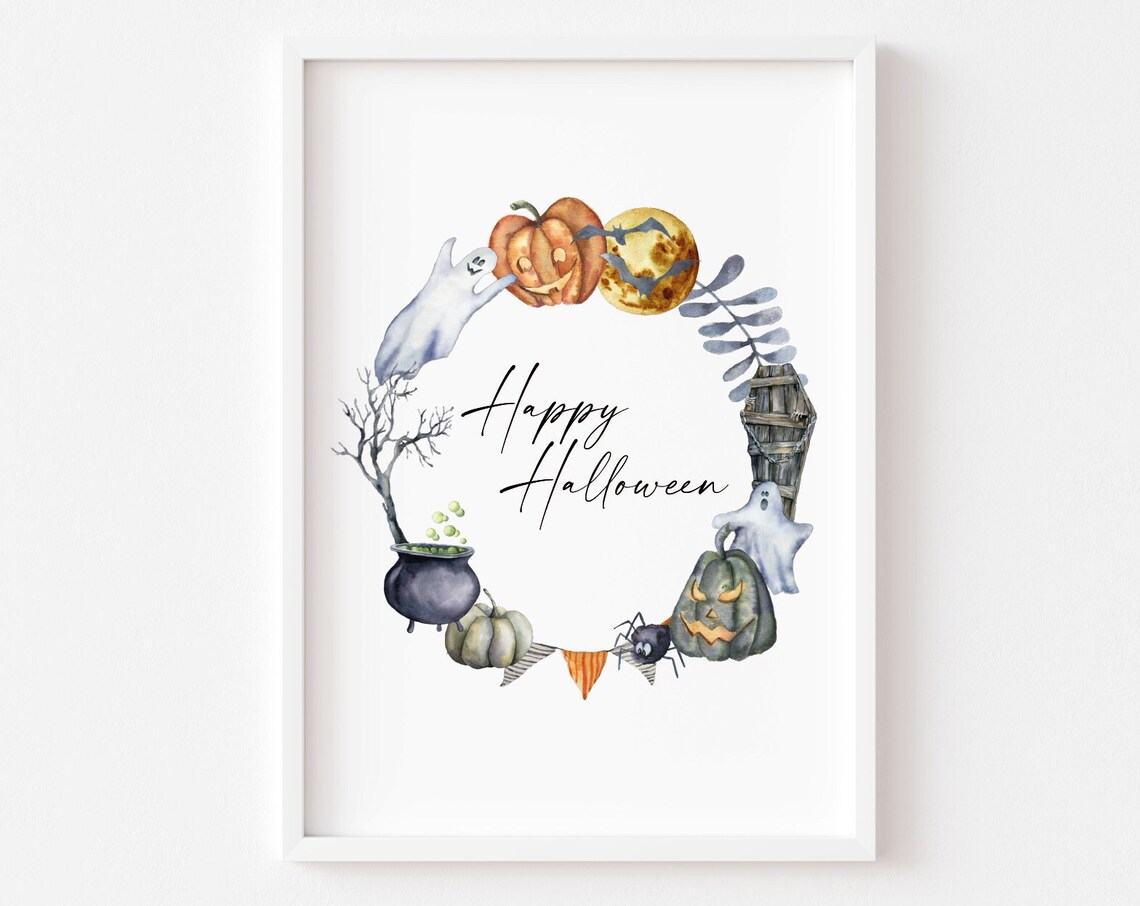 Halloween Wreath Happy Sign Pumpkin Art Print