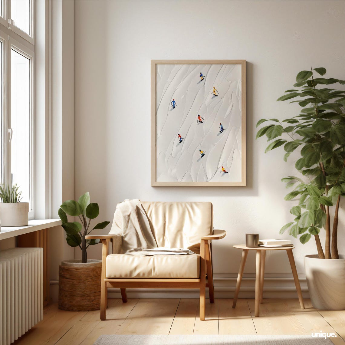 Minimalist Ski Slope White Snow Tiny Colorful Skiers Art Print
