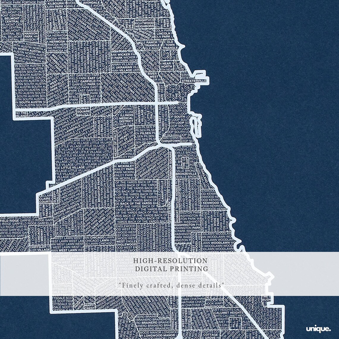 Chicago City Map White Street Lines on Navy Blue Travel Poster - Image 2