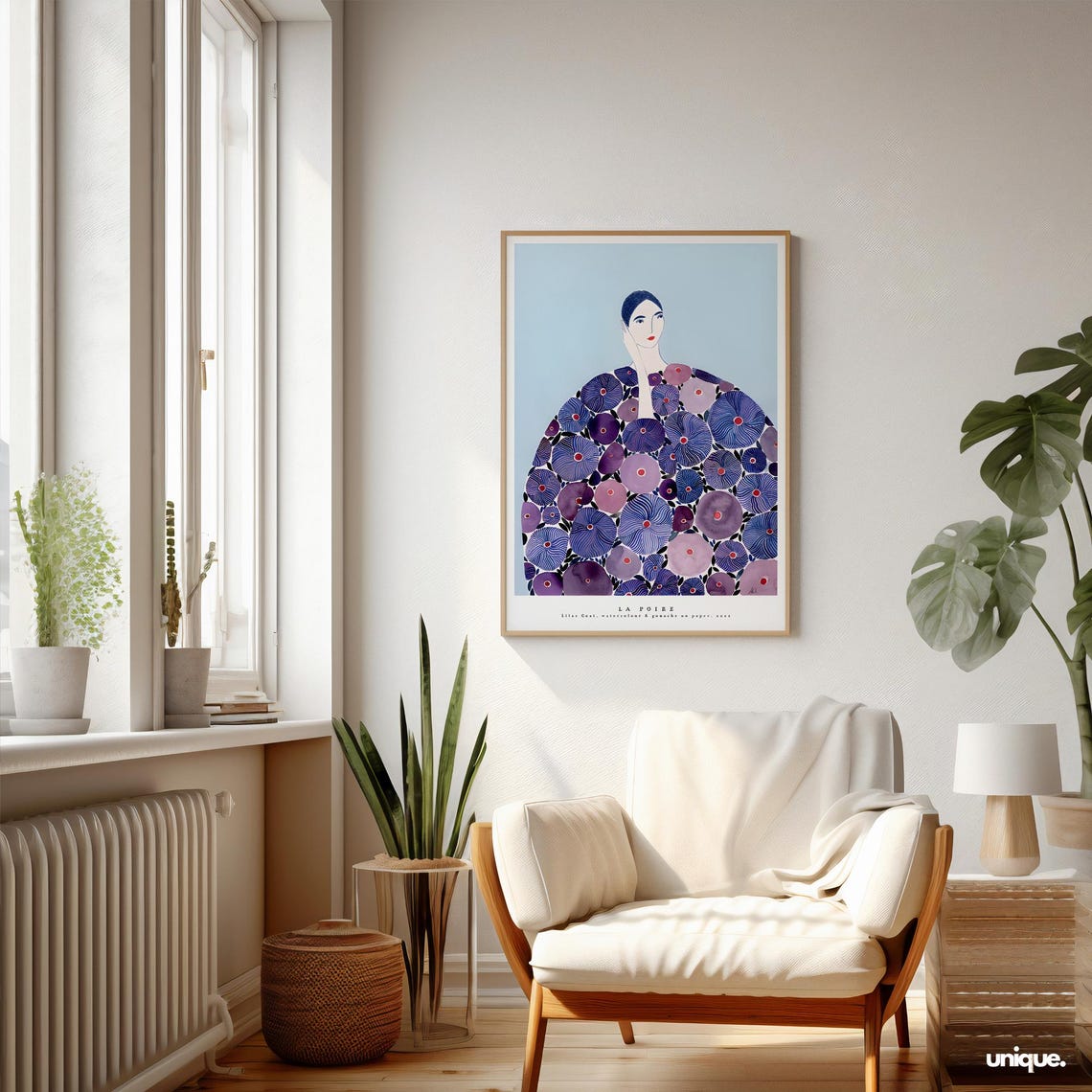 Elegant Woman in Lilac Purple Patterned Coat Fashion Art Print