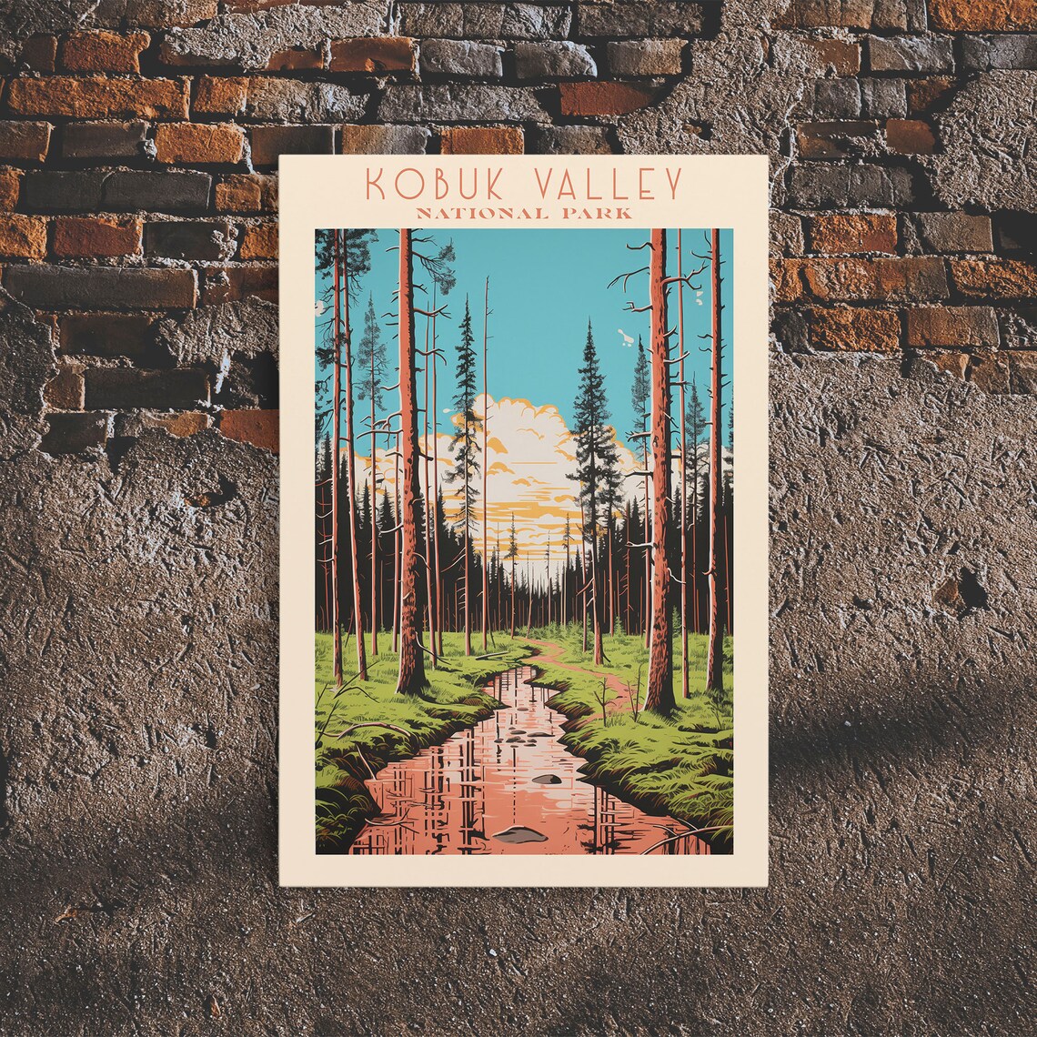 Kobuk Valley National Park Pine Forest Stream Sunset Travel Poster