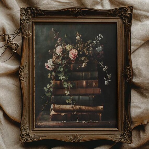 Stack Of Vintage Books Topped With Roses And Wildflowers Print