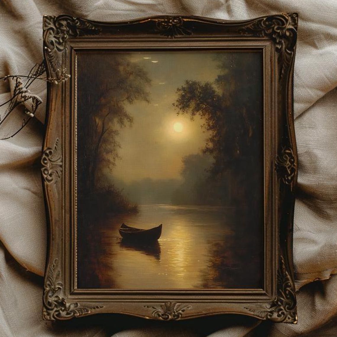 Wooden Canoe On A Moonlit River In Gold Vintage Landscape Poster
