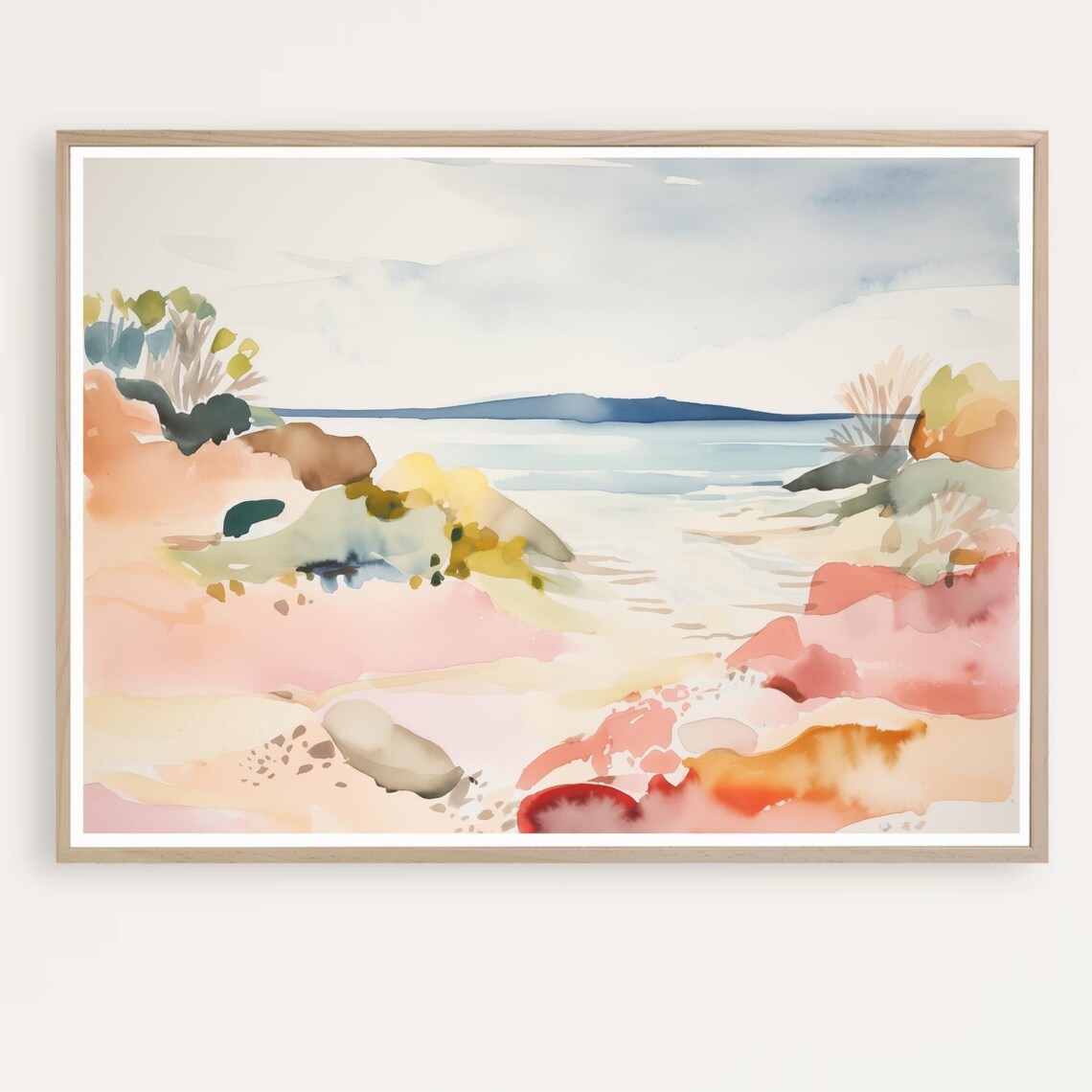 Pastel Beach Watercolor Coral Cliffs Ocean Shoreline Coastal Poster