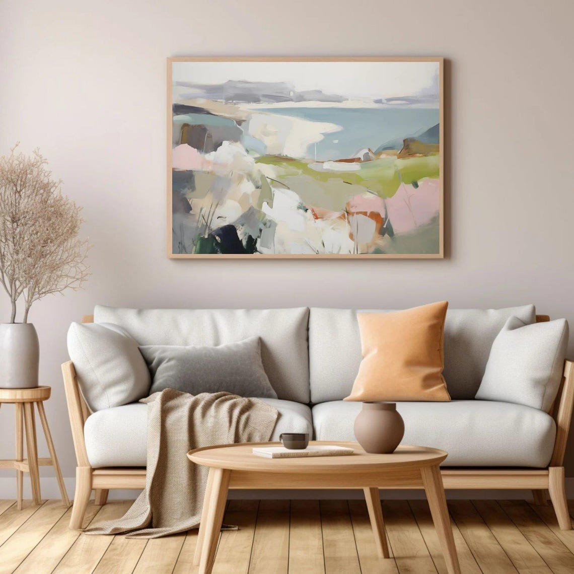 Large Abstract Coastal Scene Muted Bay Green Pink Waters Wall Art - Image 4