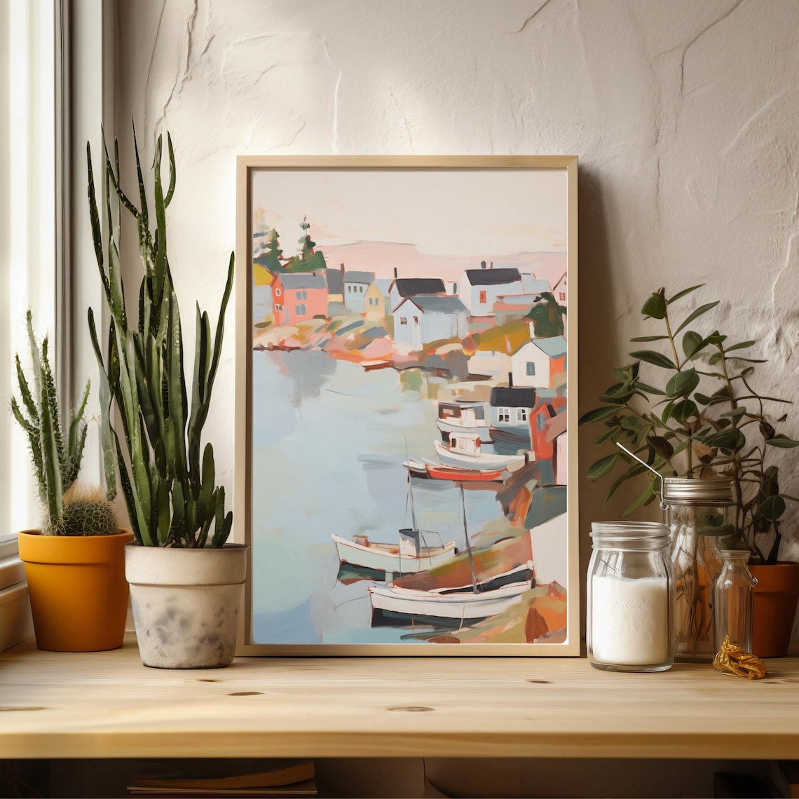 New England Harbor Boats Painting Fishing Village Waterfront Poster - Image 2