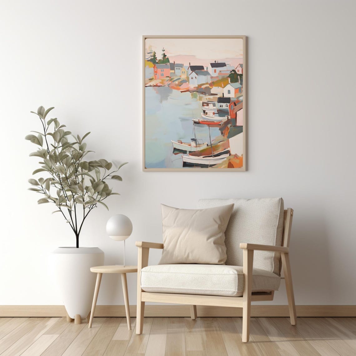 New England Harbor Boats Painting Fishing Village Waterfront Poster - Image 3