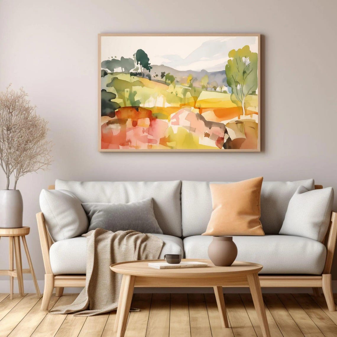 Colorful Abstract Landscape Watercolor Green Orange Hills Print - Image 3