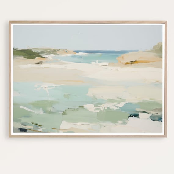 Abstract Beach Painting Turquoise Waves Soft Sand Modern Art Poster