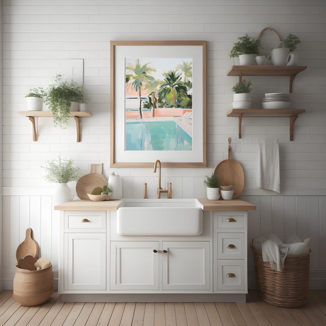 Palm Springs Style Pool And Palm Trees Pastel Summer Painting Poster - Image 3