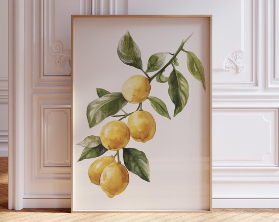 Lemon Branch Watercolor Mediterranean Citrus Kitchen Art Print