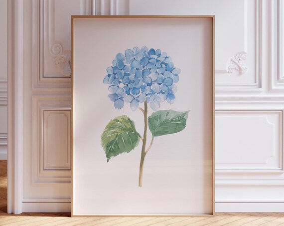 Blue Hydrangea Watercolor Botanical Print Single Bloom Coastal Grandma Art