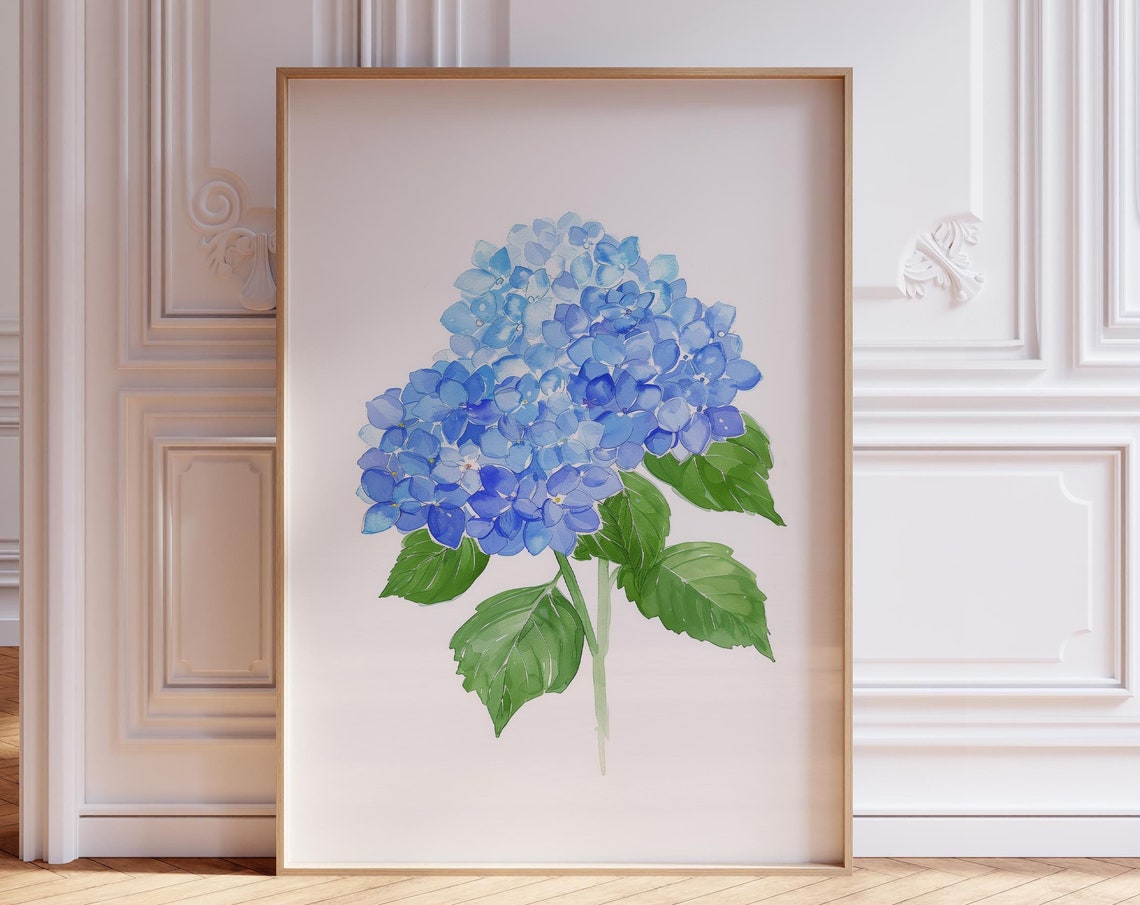 Blue Hydrangea Watercolor Coastal Grandmillennial Floral Poster